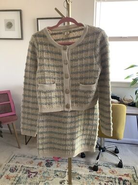 Classic Cream & Light Blue Tweed Knit Cardigan and Skirt Set - Women
